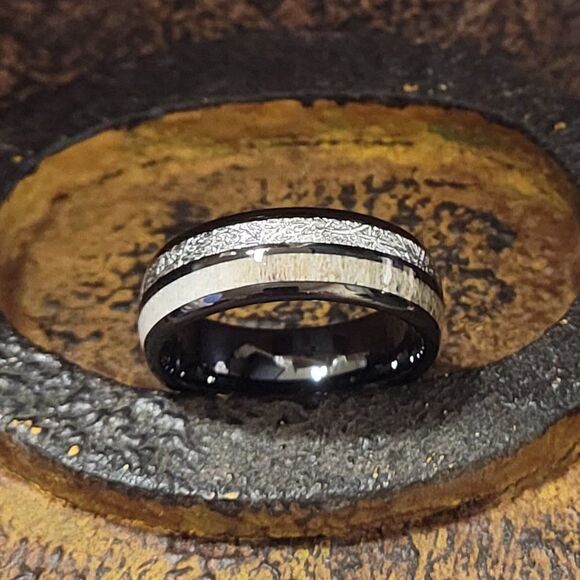 Men's Real Black Tungsten Wedding Ring Meteorite and Deer Antler Inlays - Picture 6 of 10